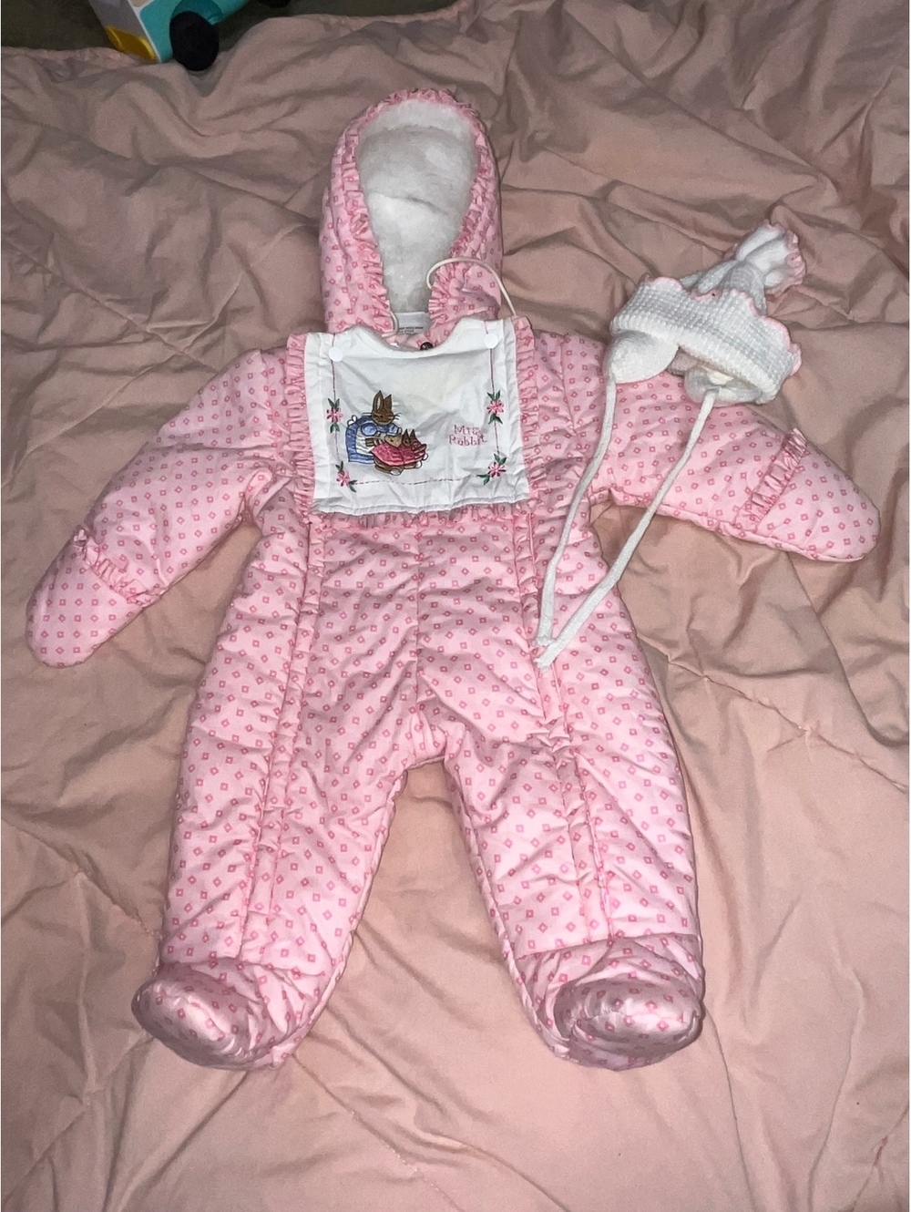 Beatrix Potter quilted pink snowsuit with bonnet 9 months